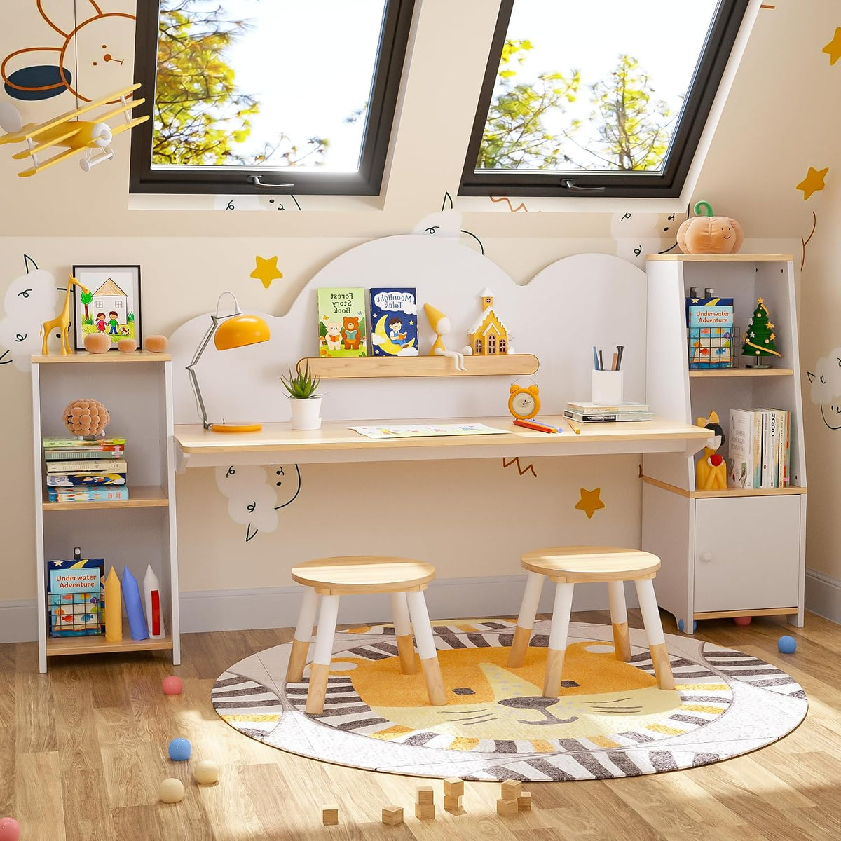 Wooden Kids Study Desk with Storage and 2 Stools, Kids Study Desk and Chair Set, Children Study Table with Bookshelves, Boys & Girls Study Desk for Ages 3-8, Bedroom, Toddler