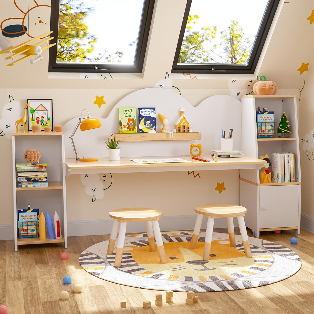 Wooden Kids Study Desk with Storage and 2 Stools, Kids Study Desk and Chair Set, Children Study Table with Bookshelves, Boys & Girls Study Desk for Ages 3-8, Bedroom, Toddler (House)