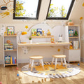 Wooden Kids Study Desk with Storage and 2 Stools, Kids Study Desk and Chair Set, Children Study Table with Bookshelves, Boys & Girls Study Desk for Ages 3-8, Bedroom, Toddler (House)
