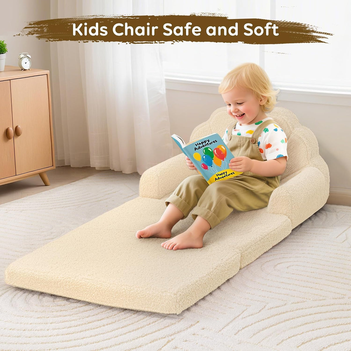 Airpanda Cozy Kids Couch and Chair, Fold Out Foam Sofa, Beige