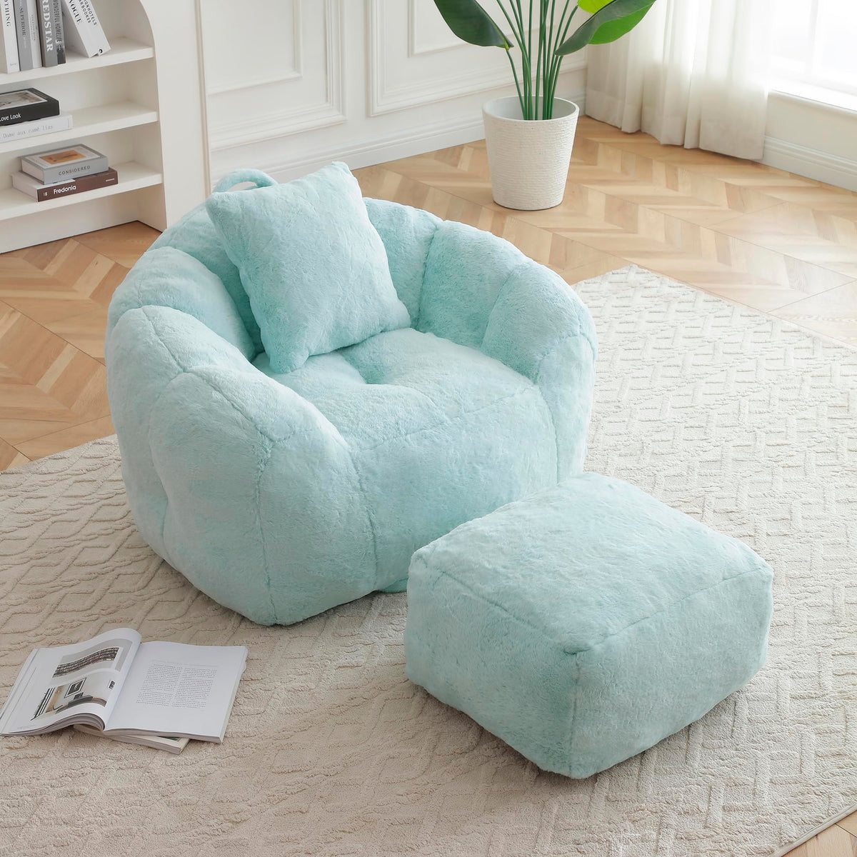Giant Bean Bag Chair for Adults, Memory Foam Filler Big Stuffed Accent Sofa with Footstool, Faux Fur Shell-Shaped Lounge Chair for Bedroom, Gaming, Reading - Indoor Beanbag Couch for Kids (Light Blue)