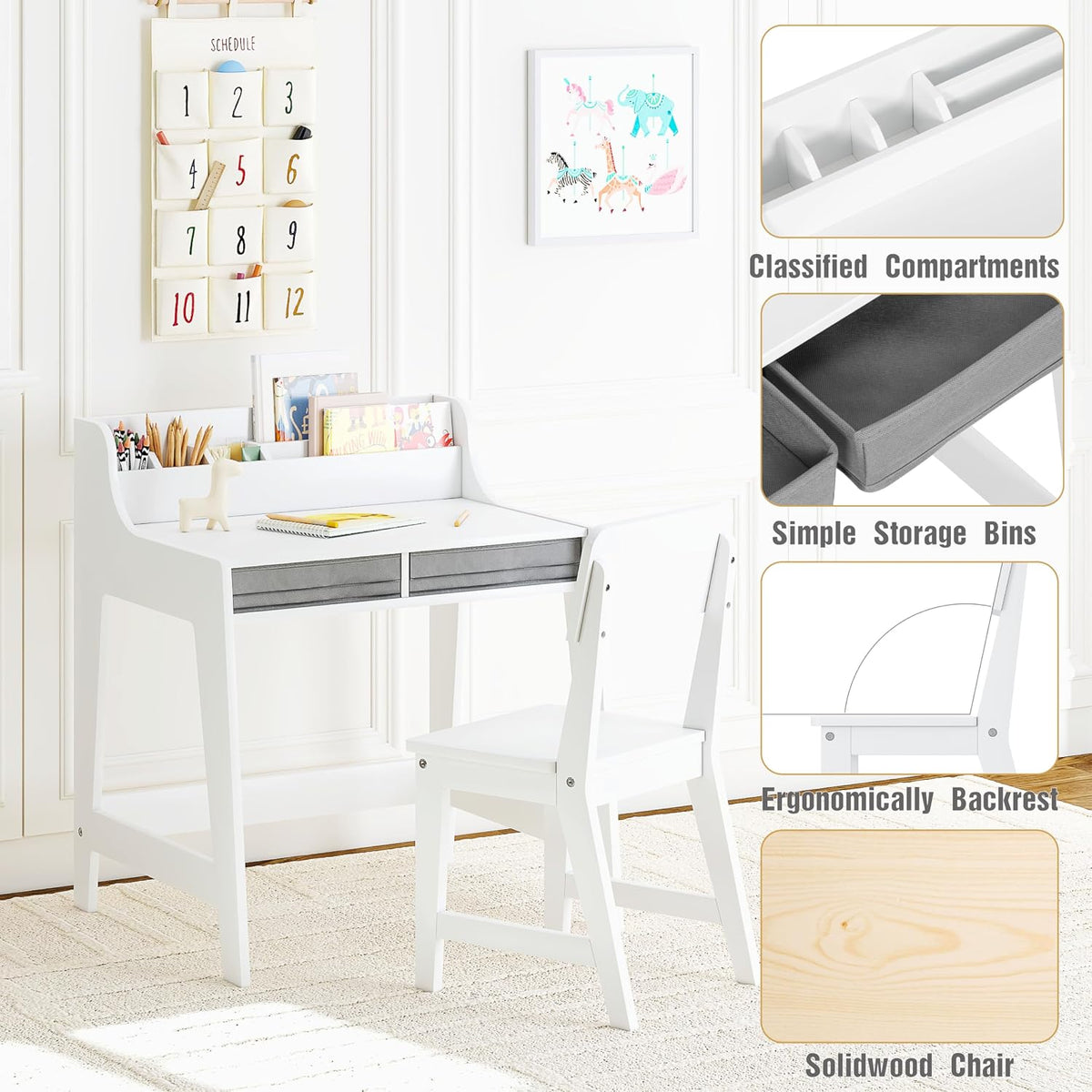 UTEX Wooden Kids Desk and Chair Set with 2 Fabrics Drawers for Study Room