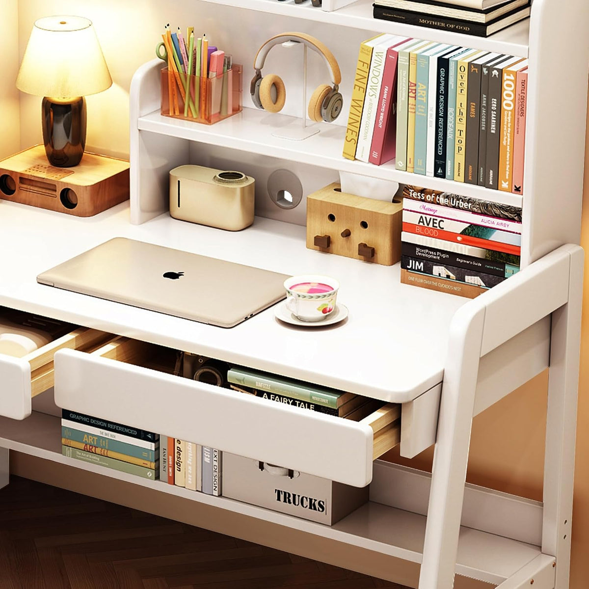 Kids Desk＆Table with Drawers and Bookshelf Wooden Kid's Media Student Learning Computer Workstation and Writing Desk (White)