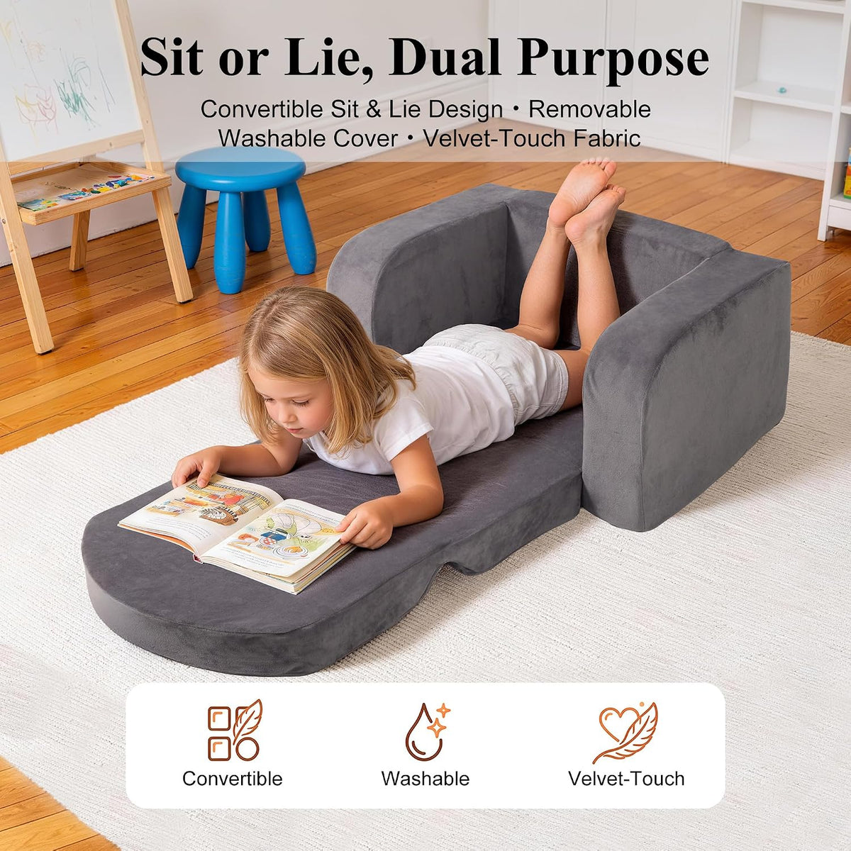 Kids Couch 2-in-1 Foldable Kids Couch, Grey