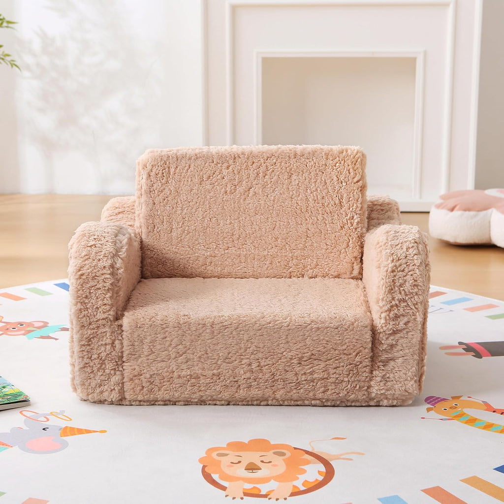 Toddler Couch 2-in-1 Flip Open Sherpa Kids Sofa Chair, Light Brown