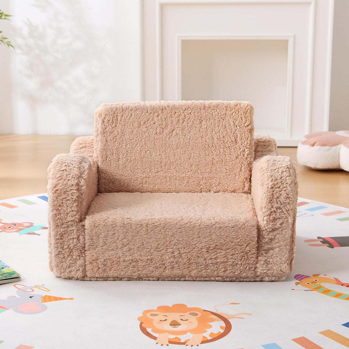 Toddler Couch 2-in-1 Flip Open Sherpa Kids Sofa Chair, Light Brown