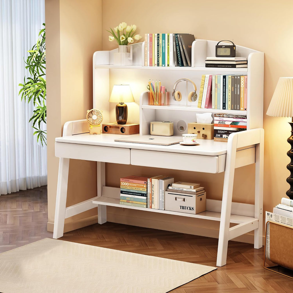 Kids Desk Rubber Wood Kids Table Children’s Study Desk with Bookshelf and Two Drawers Children Study Computer Writing Workstation for 3 and Above (White