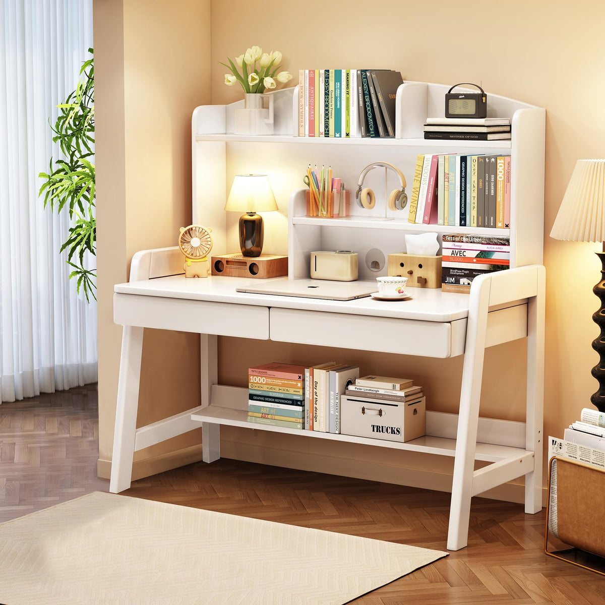 Kids Desk＆Table Wooden Children’s Study Desk with Bookshelf＆Two Drawers Children Study＆Writing＆Computer＆Workstation for 3 and Above(Brown