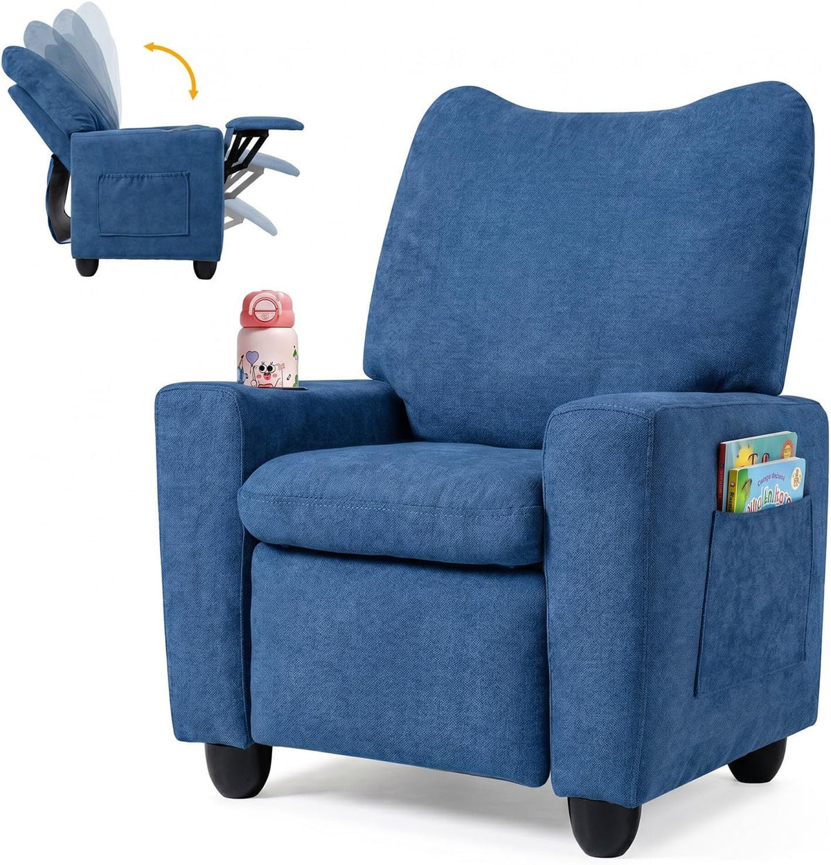 HONEY JOY Kids Recliner with Cup Holder, Chenille Fabric Upholstered Push Back Toddler Sofa w/Storage Pockets, Adjustable Backrest & Footrest, Child Reclining Chair for Ages 3+, Navy