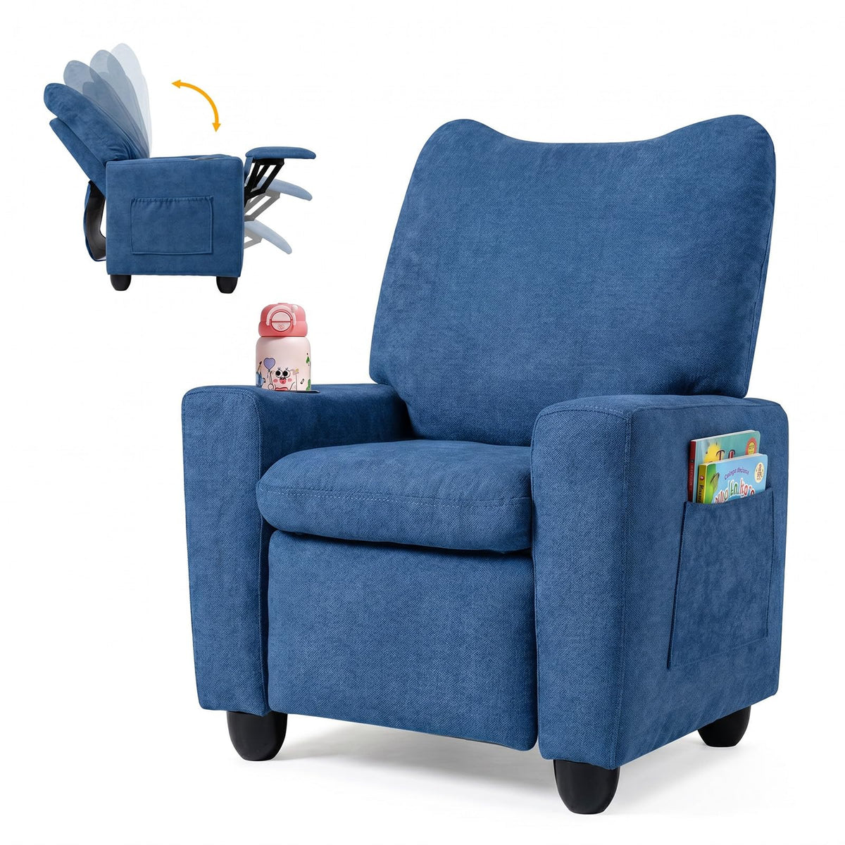HONEY JOY Kids Recliner with Cup Holder, Chenille Fabric Upholstered Push Back Toddler Sofa w/Storage Pockets, Adjustable Backrest & Footrest, Child Reclining Chair for Ages 3+, Navy