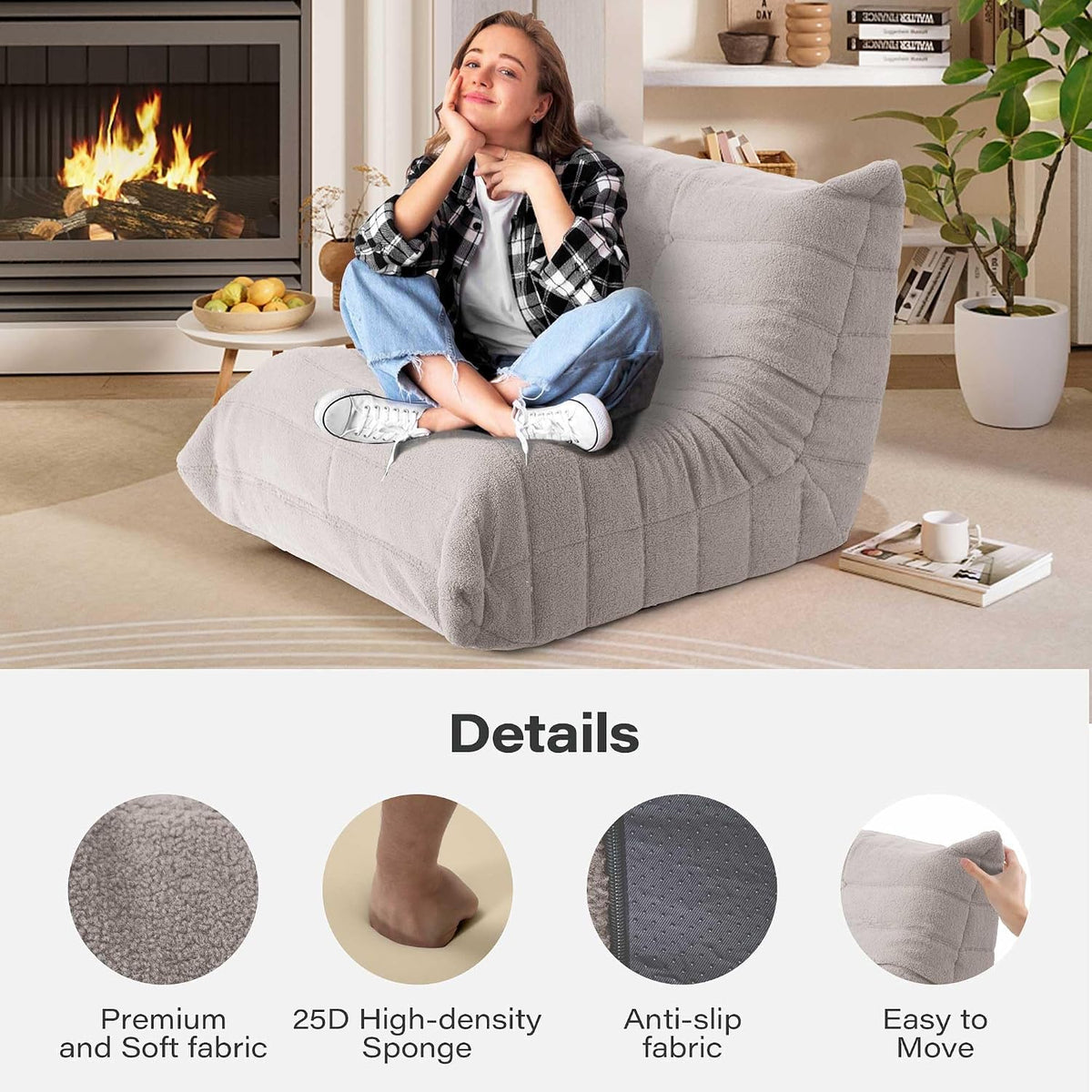 LAUSAINT HOME Memory Foam Bean Bag Chair for Adults, Bean Bag Couch Chenille Fabric with Ergonomic Design for Living Room and Bedroom, No Assembly Required(Grey)