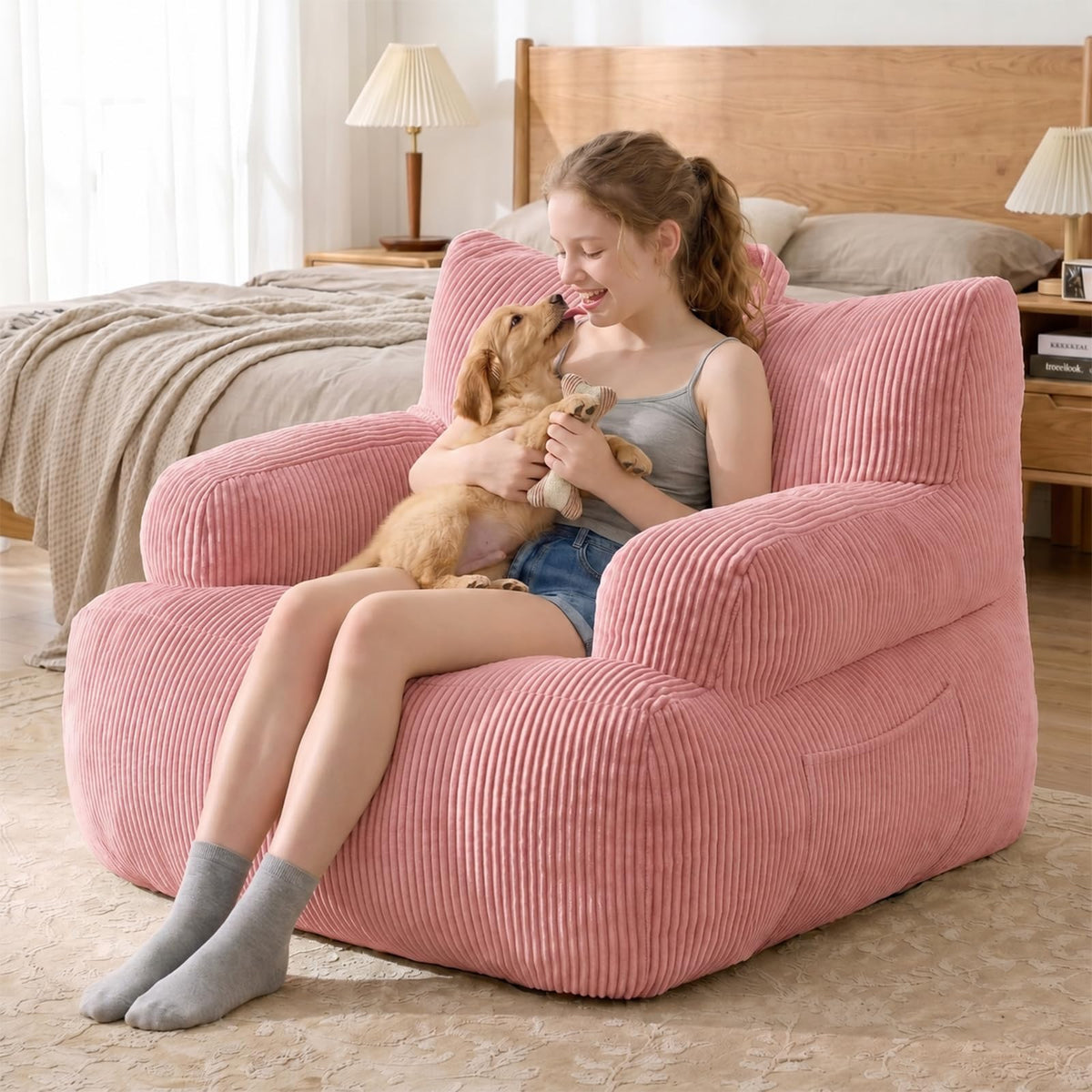 Bean Bag Chairs for Kids, Comfy Bean Bag Sofa for Boys & Girls, Beige