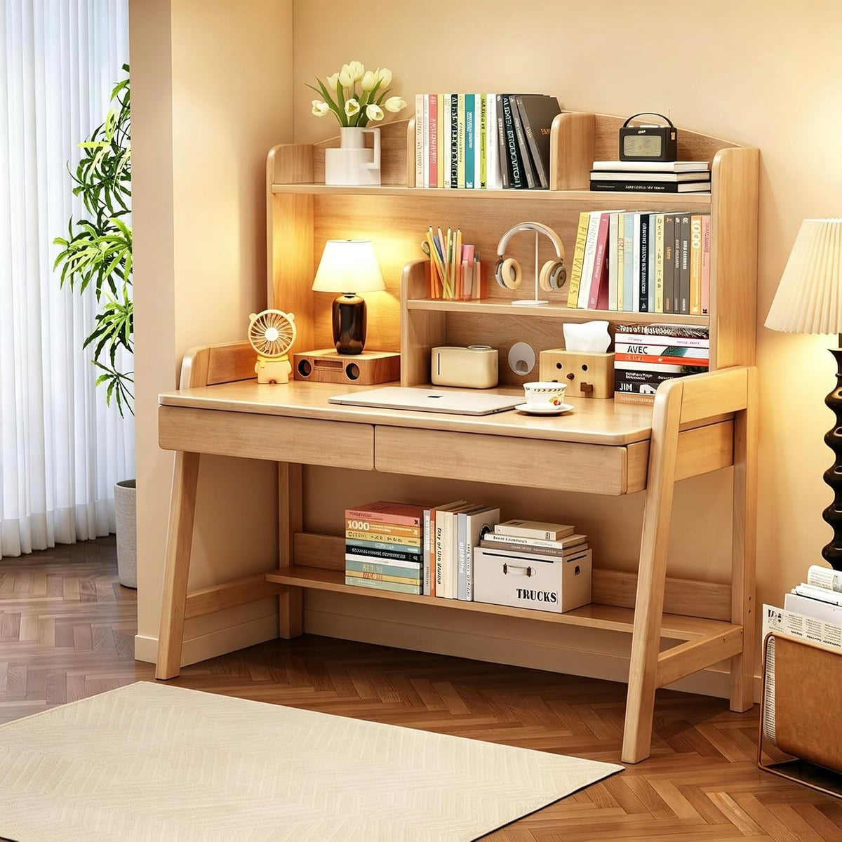 Kids Desk with Storage and Bookshelf, Solid Wood Study Desk for Kids