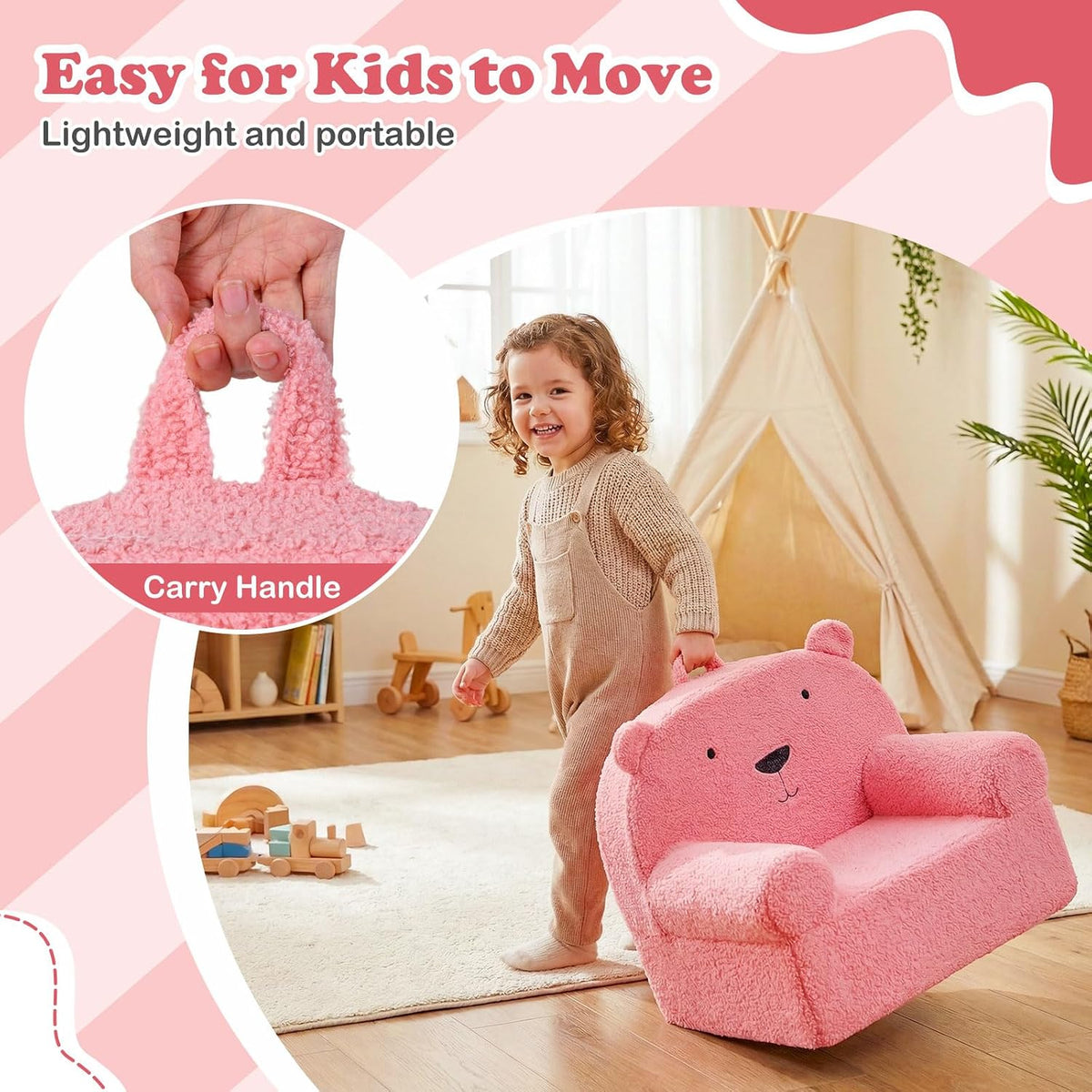 Costzon Kids Sofa, Comfy Bear Toddler Foam Couch with Soft Fleece Fabric Cover, Kids Furniture for Playroom, Children Reading Armchair for Boys & Girls Aged 3+ (["Teddy Fleece],Pink)