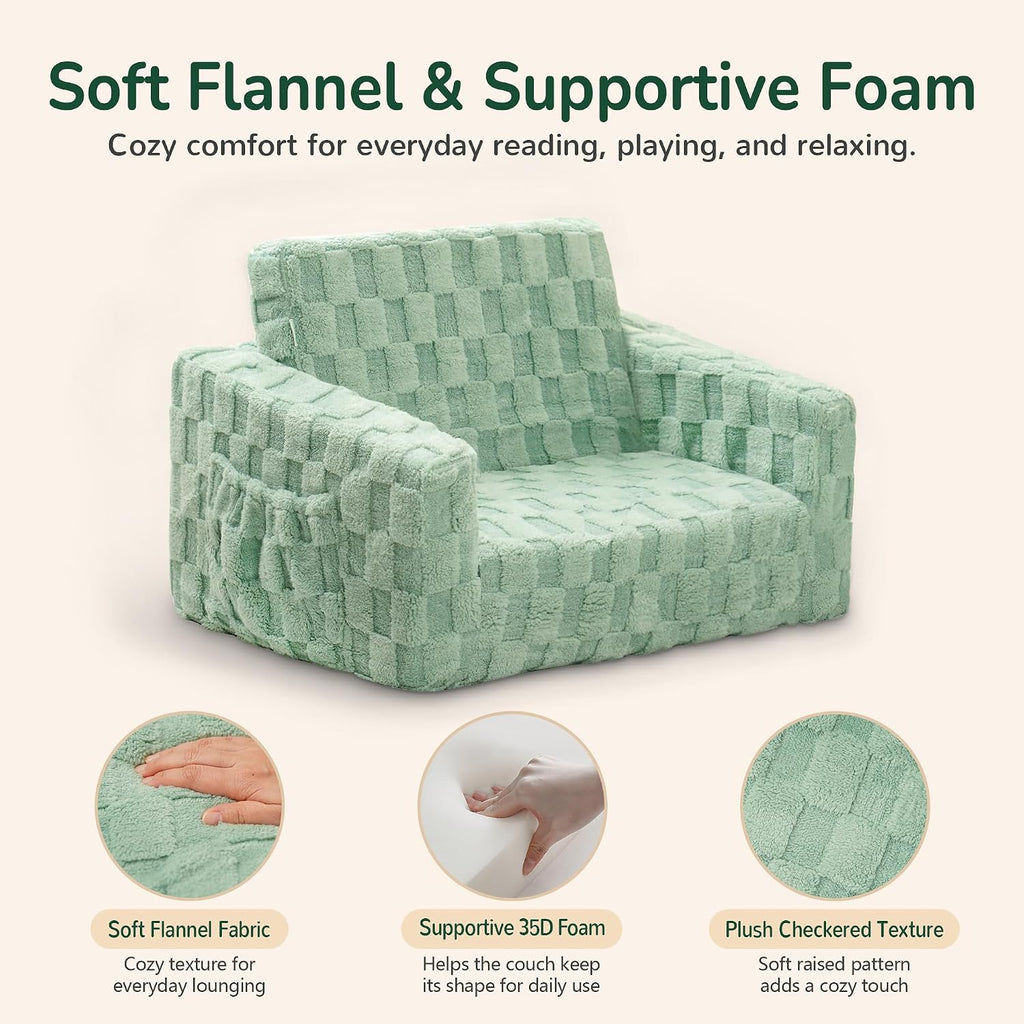 Toddler Couch for Kids, 2-in-1 Kids Fold Out Couch with Flip Open Sofa Lounger, Soft Flannel Kids Sofa Chair for Playroom Bedroom, Green