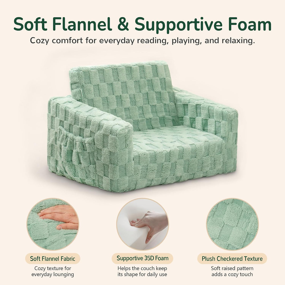 Toddler Couch for Kids, 2-in-1 Kids Fold Out Couch with Flip Open Sofa Lounger, Soft Flannel Kids Sofa Chair for Playroom Bedroom, Green