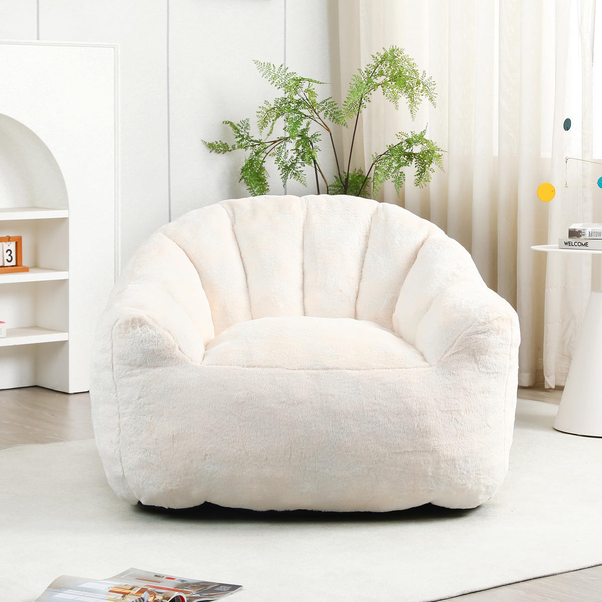 White Big Bean Bag Chairs for Adults Kids with Armrests, Faux Fur Bean Bag Chairs for Teens, Oversized Lazy Bean Bags Sofa Fluffy Floor Lounge Chair, Large Bean Bag Couch for Bedroom