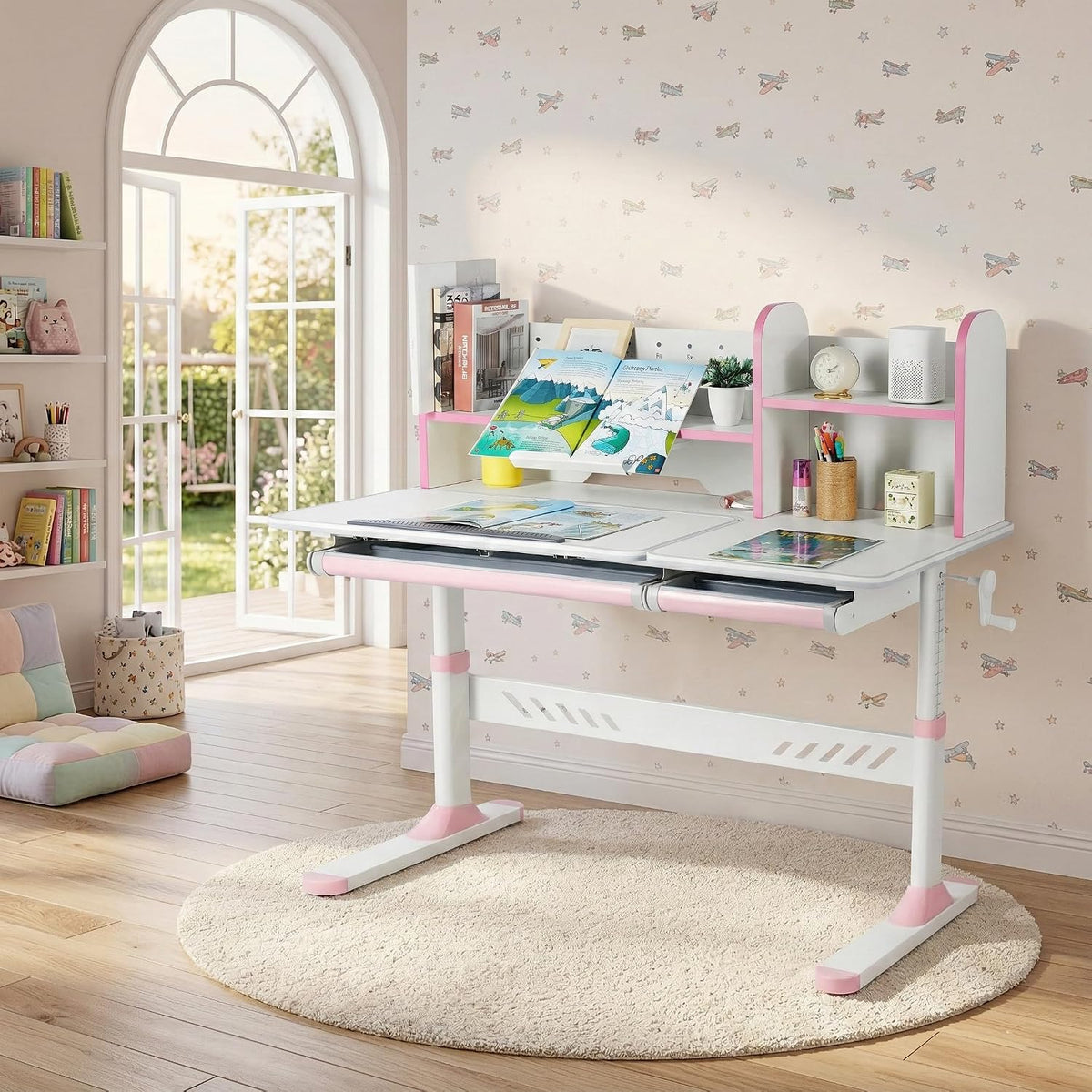 JOYLDIAS Ergonomic Kids Desk with Hutch, 47" Wide Height Adjustable Study Table for Home School, Anti-Hunchback Tilting Desktop for Reading & Drawing, Durable Student Learning Center (Pink)