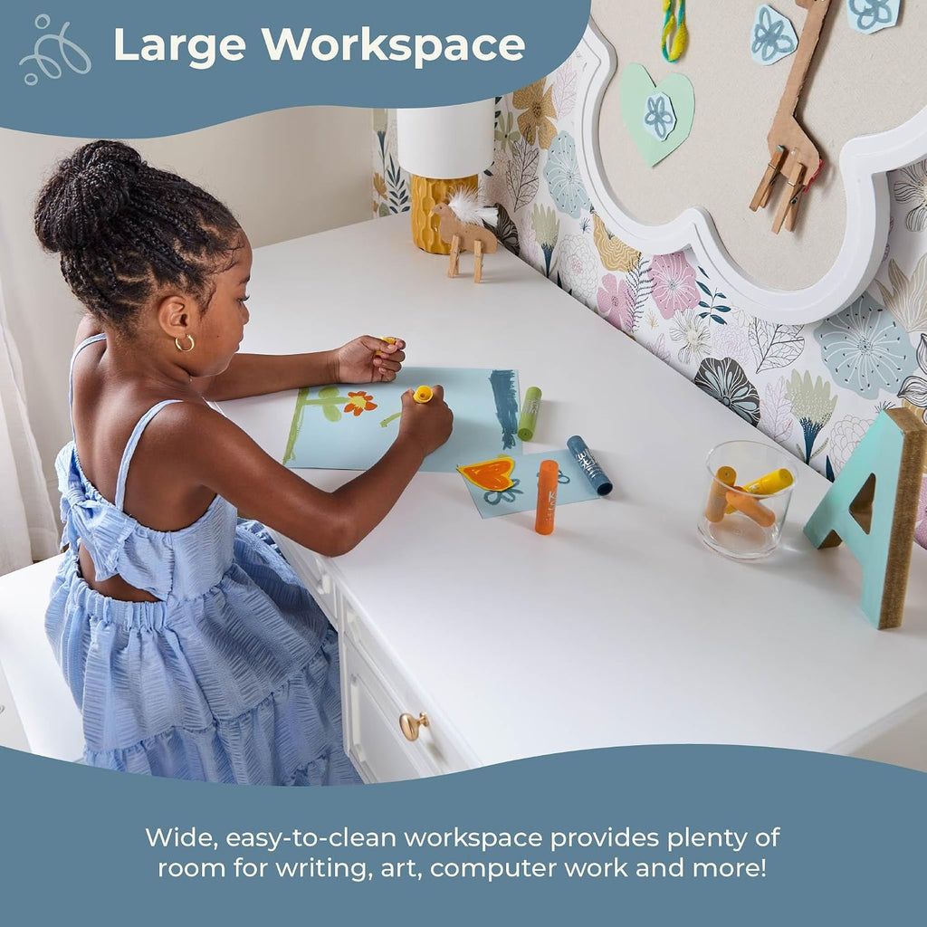 Guidecraft Avery Kids' Desk and Chair Set - White: Girls Wooden Study Desk with Storage Drawers, Computer Workstation for Children