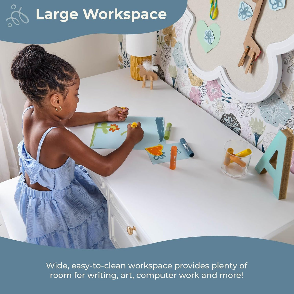 Guidecraft Avery Kids' Desk and Chair Set - White: Girls Wooden Study Desk with Storage Drawers, Computer Workstation for Children
