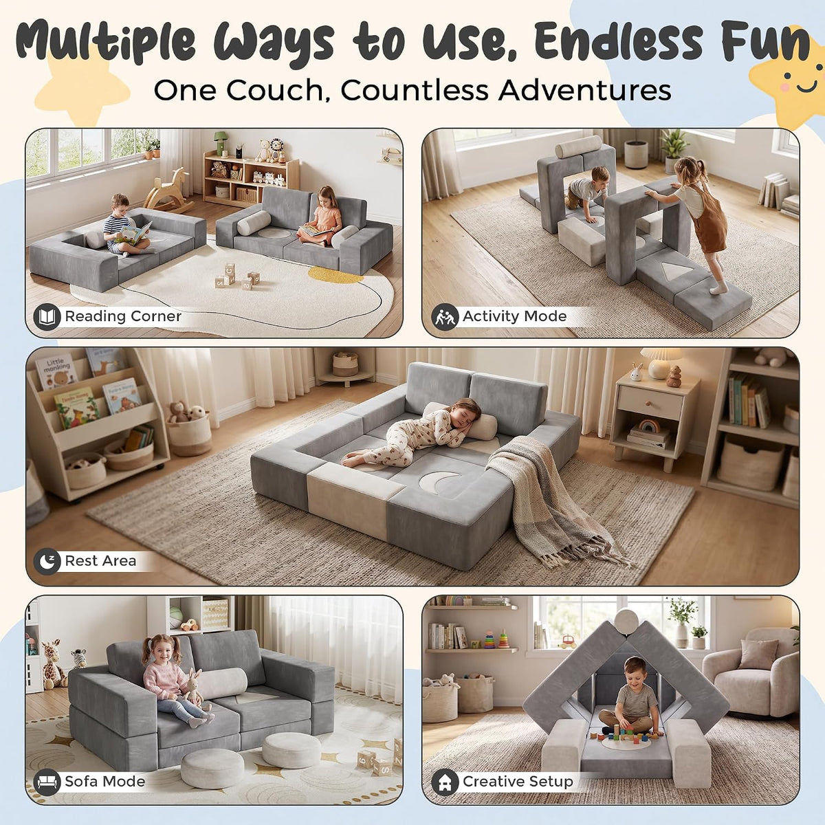 Modular Kids Play Couch, 17-Piece Kids Couch with Shape Pillows & Window Panels, Convertible Play Couch for Kids, Toddler Couch, Kids Sofa with Washable Covers for Playroom, Bedroom, Reading Nook-Grey