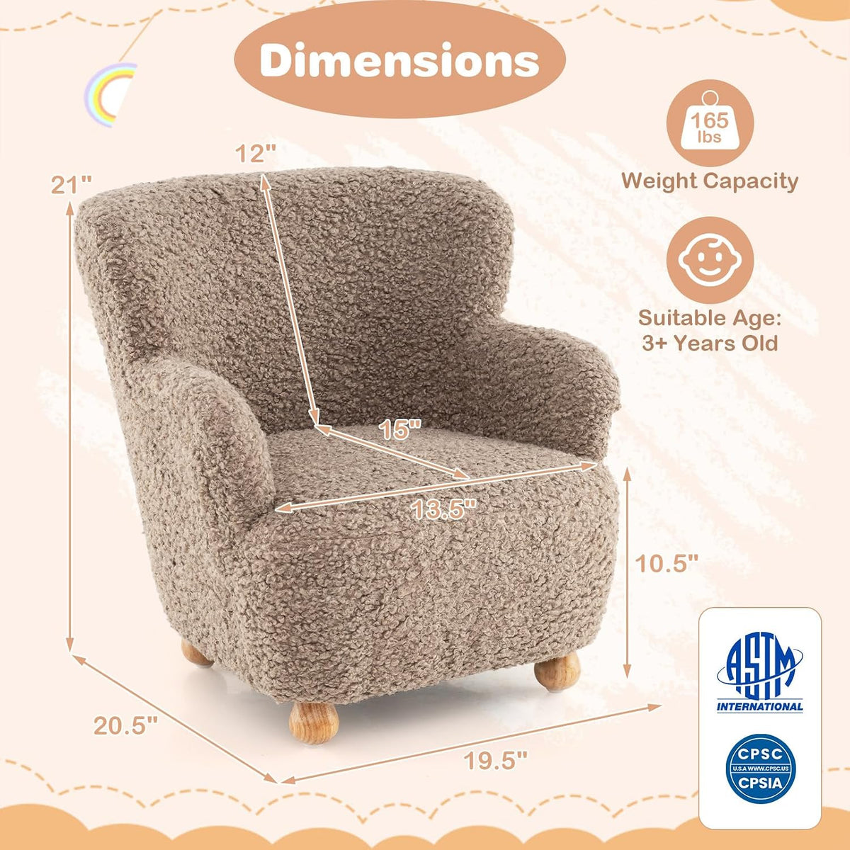 Costzon Kids Sofa, Comfy Toddler Armchair with Solid Rubber Wood Legs, Upholstered Children Reading Chair for Boys & Girls Aged 3+, Kids Furniture Mini Recliner Chair for Bedroom, Playroom (Coffee)