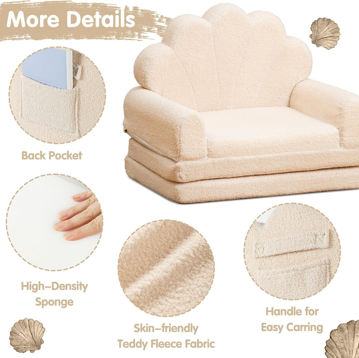 2-in-1 Kids Couch, Toddler Couch Fold Out, Comfy Toddler Chair, Convertible Kids Sofa to Lounger with Pocket and Removable Cover