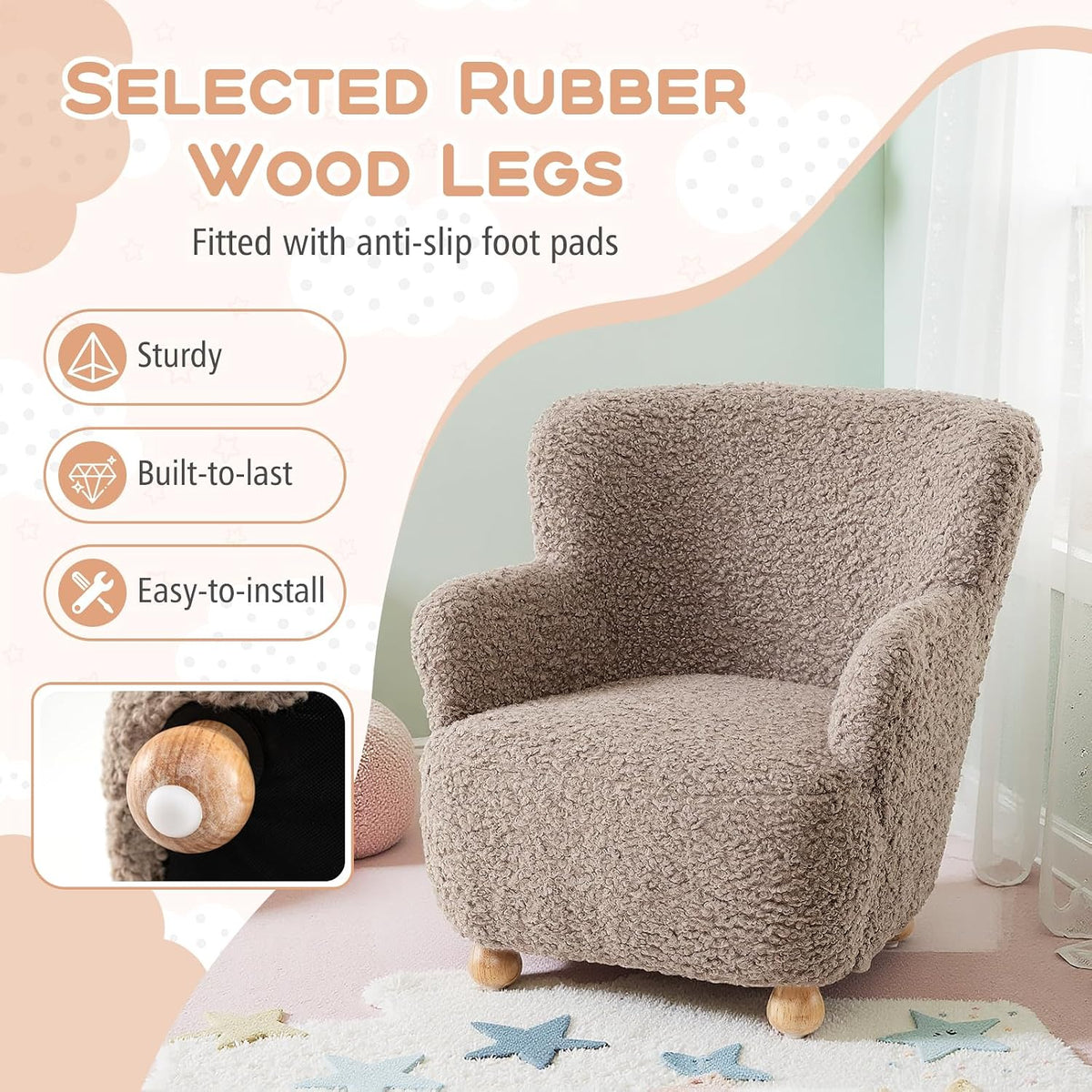 HONEY JOY Toddler Couch, Comfy Kids Chair w/Solid Wooden Frame & Sherpa Fabric, Upholstered Armchair Preschool Furniture, Baby Couch for Playroom, Kids Sofa for Girls Boys (Brown)