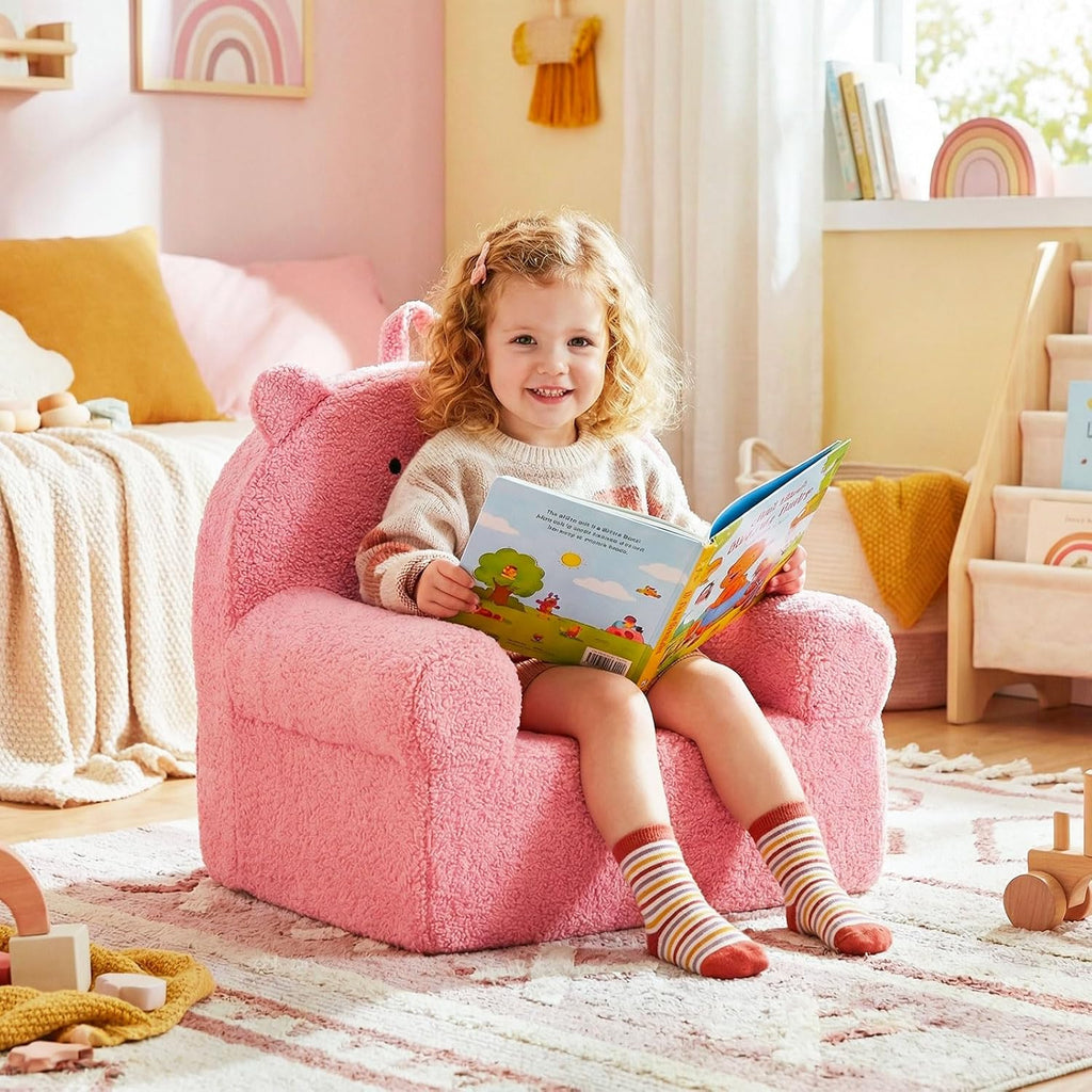 Costzon Kids Sofa, Comfy Bear Toddler Foam Couch with Soft Fleece Fabric Cover, Kids Furniture for Playroom, Children Reading Armchair for Boys & Girls Aged 3+ (["Teddy Fleece],Pink)