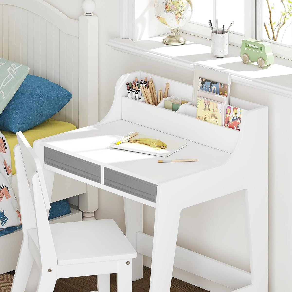 UTEX Wooden Kids Desk and Chair Set with 2 Fabrics Drawers for Study Room