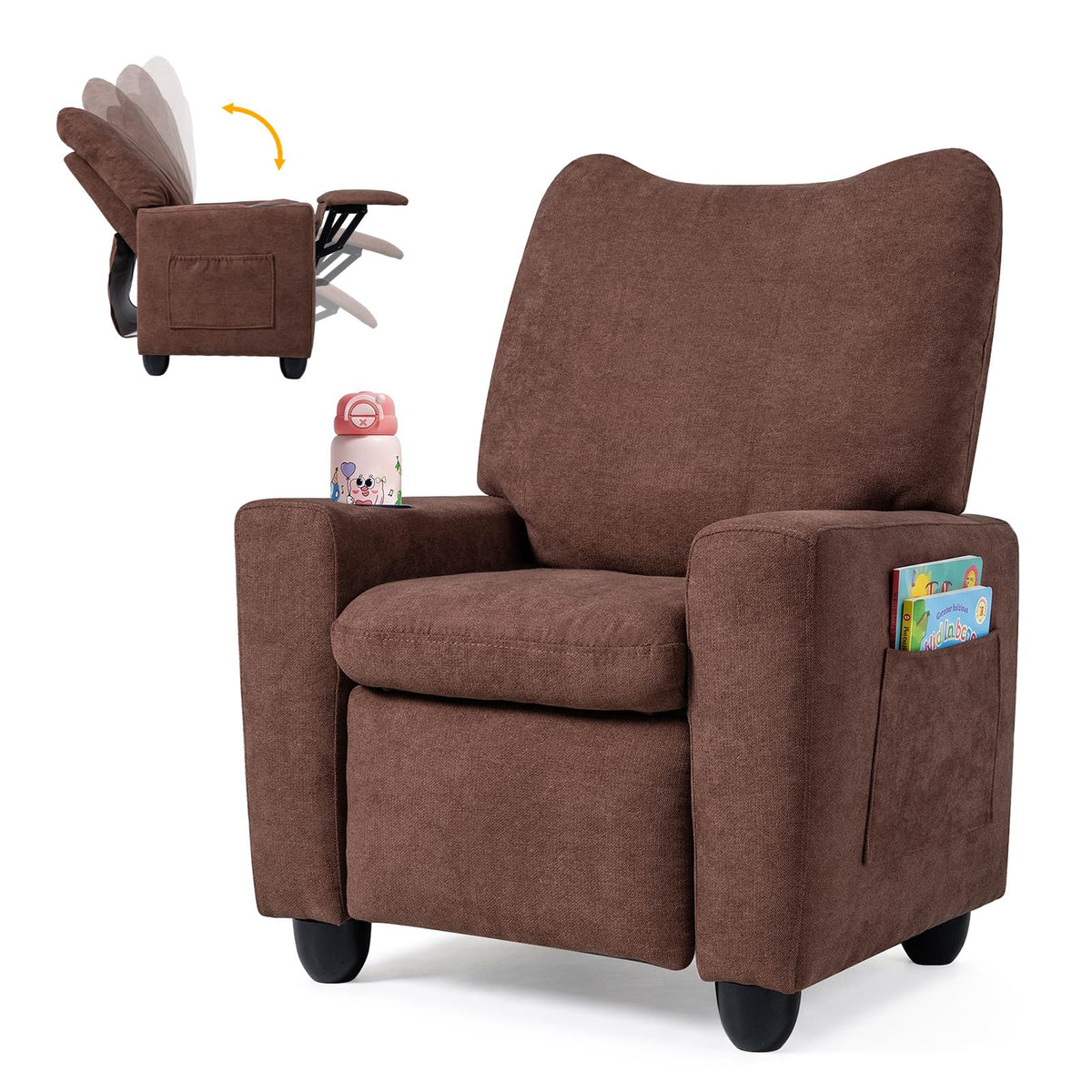 HONEY JOY Kids Recliner with Cup Holder, Chenille Fabric Upholstered Push Back Toddler Sofa w/Storage Pockets, Adjustable Backrest & Footrest, Child Reclining Chair for Ages 3+, Navy