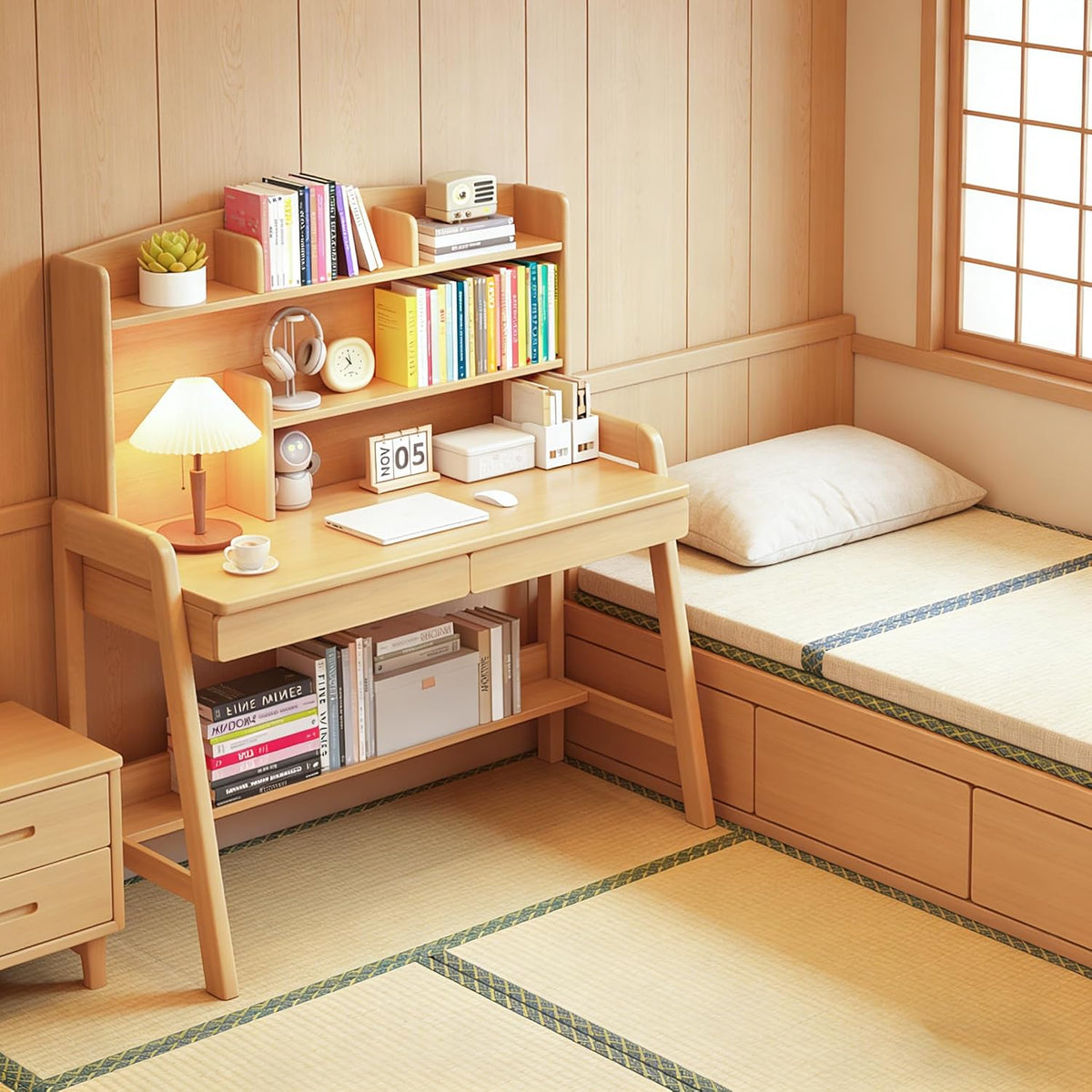 Kids Desk with Storage and Bookshelf, Solid Wood Study Desk for Kids