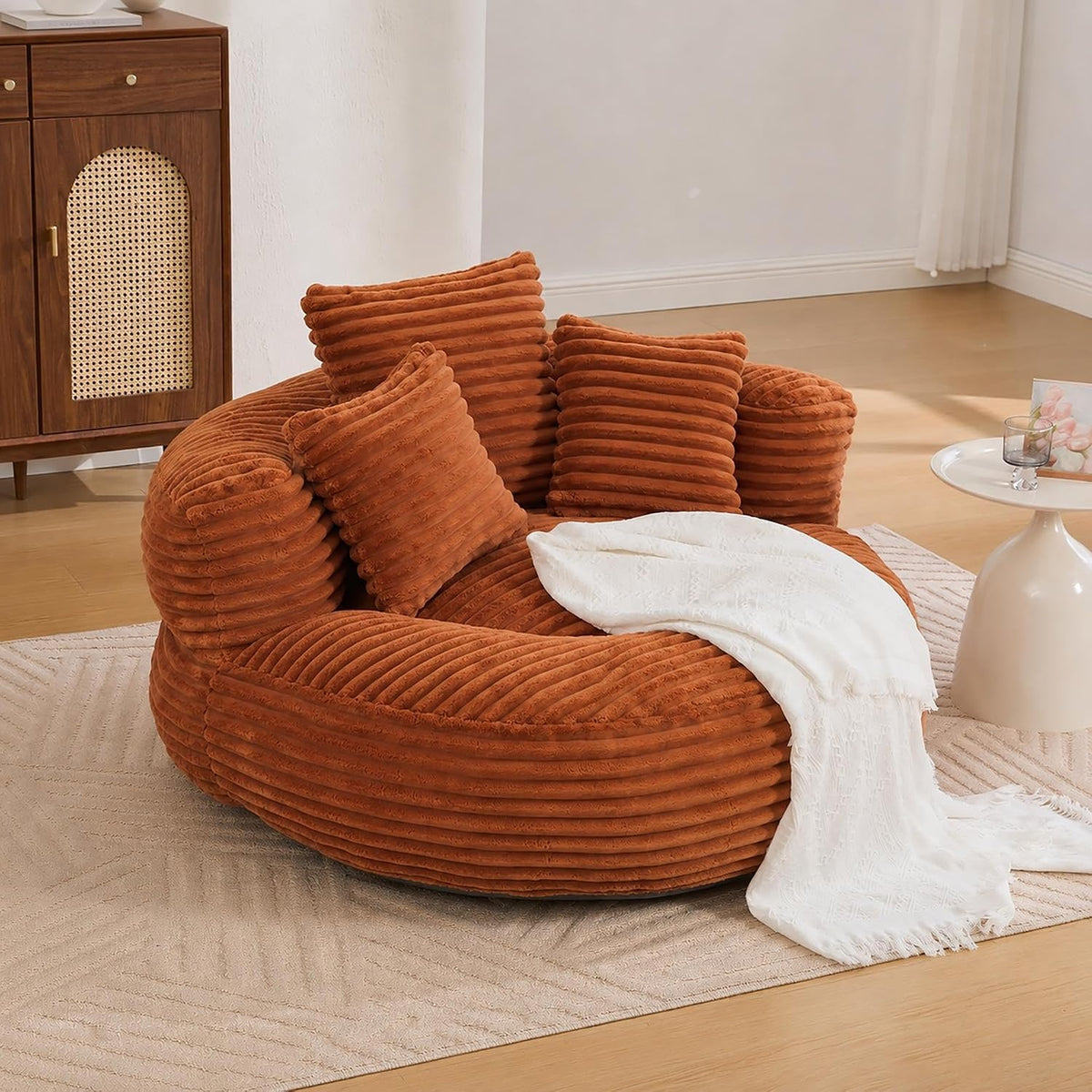Corduroy Bean Bag Chair with 3 Pillows Armrest Foam Filler for Adult Kids