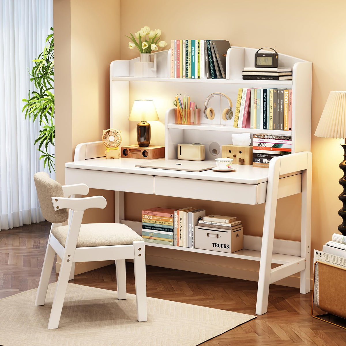 Kids Desk and Chair Set Wooden Children's Learning Table and Chair with Hutch and Two Drawers Children Study＆Writing＆Computer＆Workstation Desk for 3 and Above(Brown