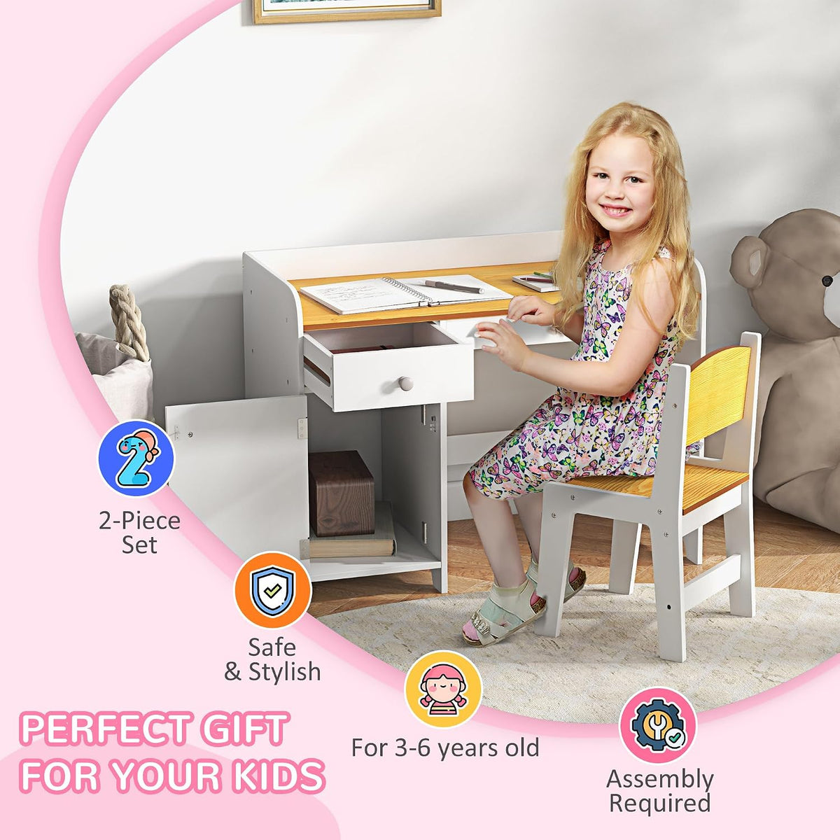 Qaba Kids Desk and Chair Set with Storage Drawer for Children White