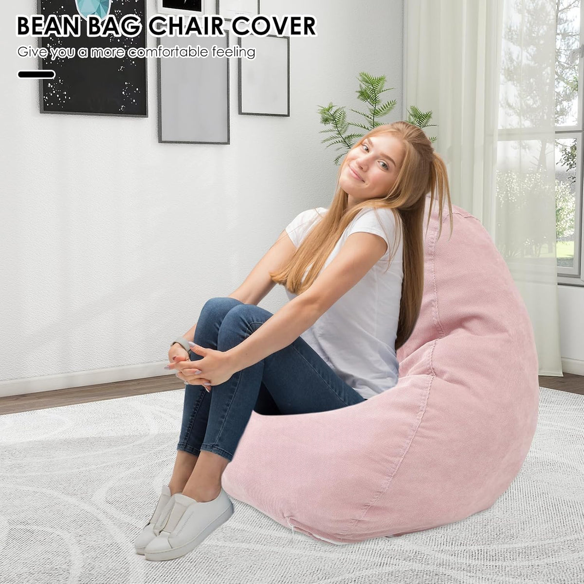 Bean Bag Chair Cover No Filler, Soft Corduroy Bean Bag Cover, Plush Toys Organizer Holder, Comfortable Beanbag Chairs Cover with Handle Stuffed Animal Bean Bag for Kids Adults Plush Toys (Pink)