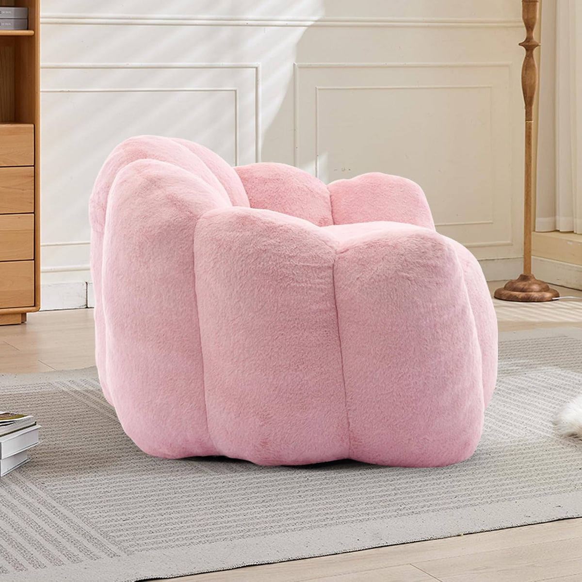 Pink Bean Bag Chair for Adults, Comfy Giant Beanbag Sofa with Armrests, Faux Fur Lotus Shaped Chairs for Kids, Boneless Floor Couch for Living Room, Bedroom, Apartment, No Assembly (Pink)