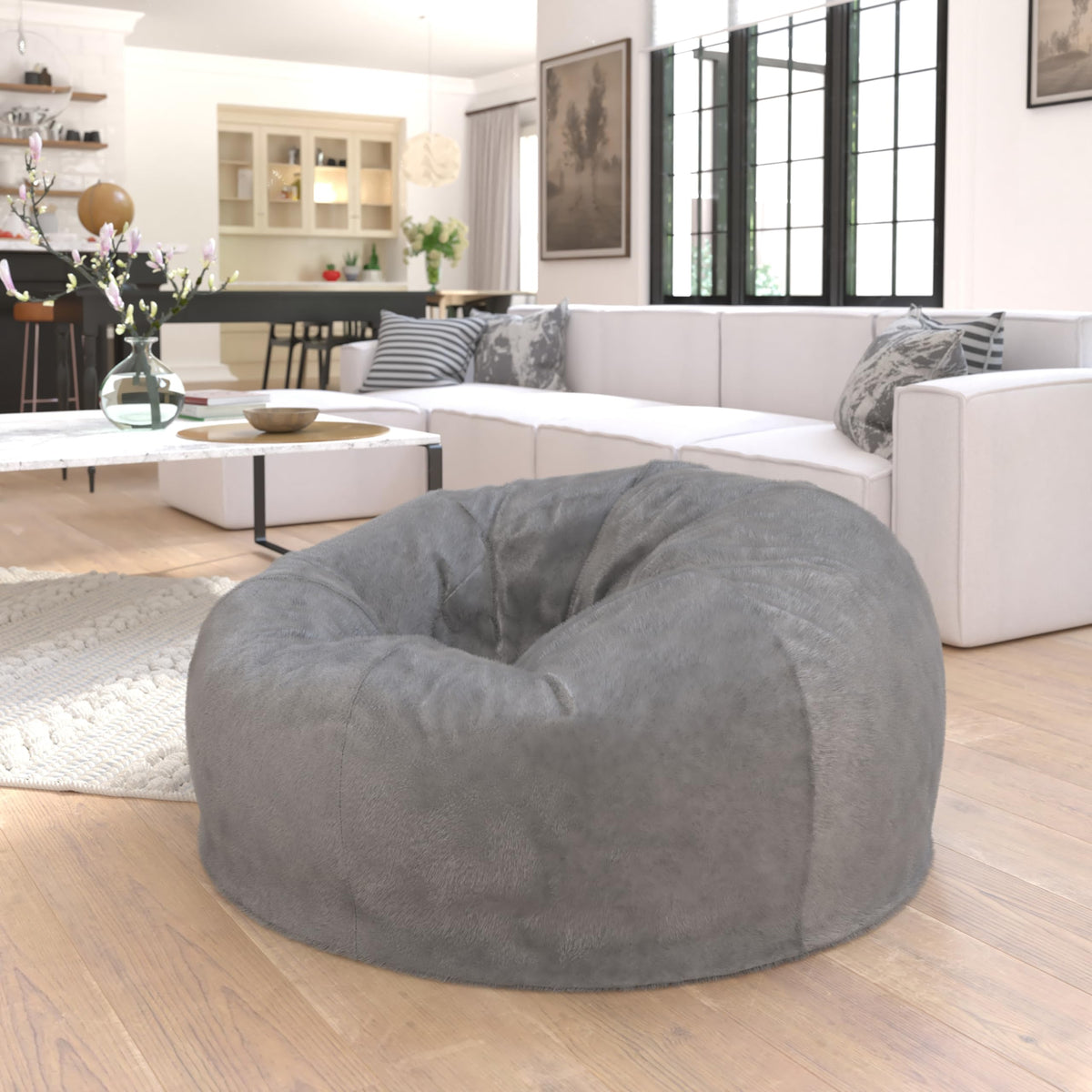BizChair Sherpa Bean Bag Chair, Classic Refillable Bean Bag Chair for Kids and Teens, Large, Natural