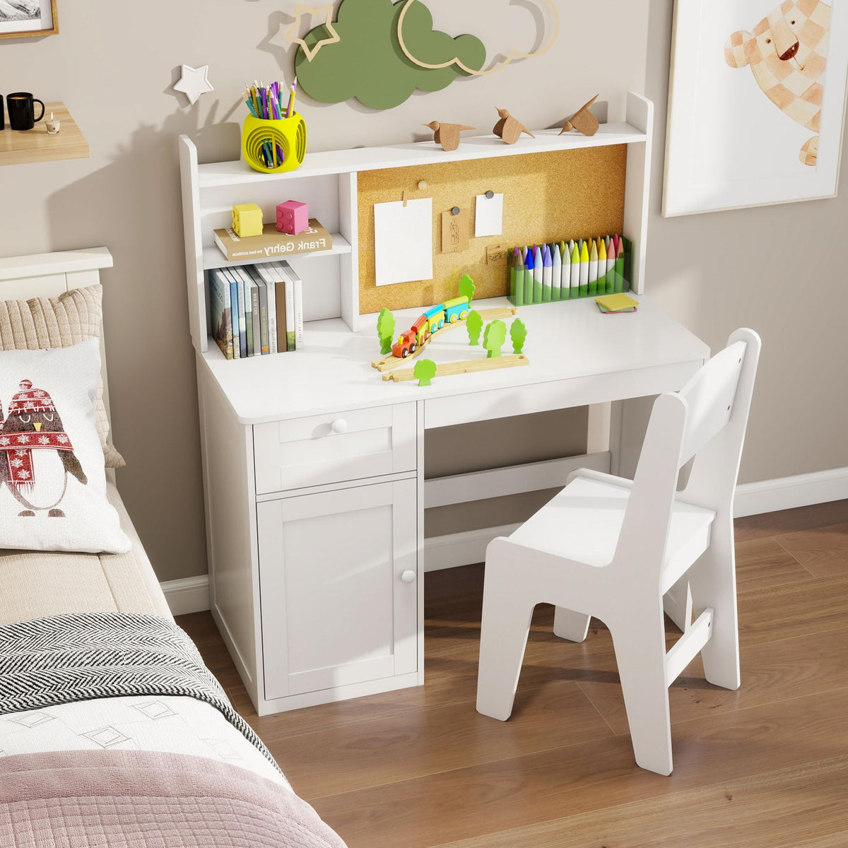 Kids Desk and Chair Set with 0-105° Tiltable Desktop for Ages 5-12, White
