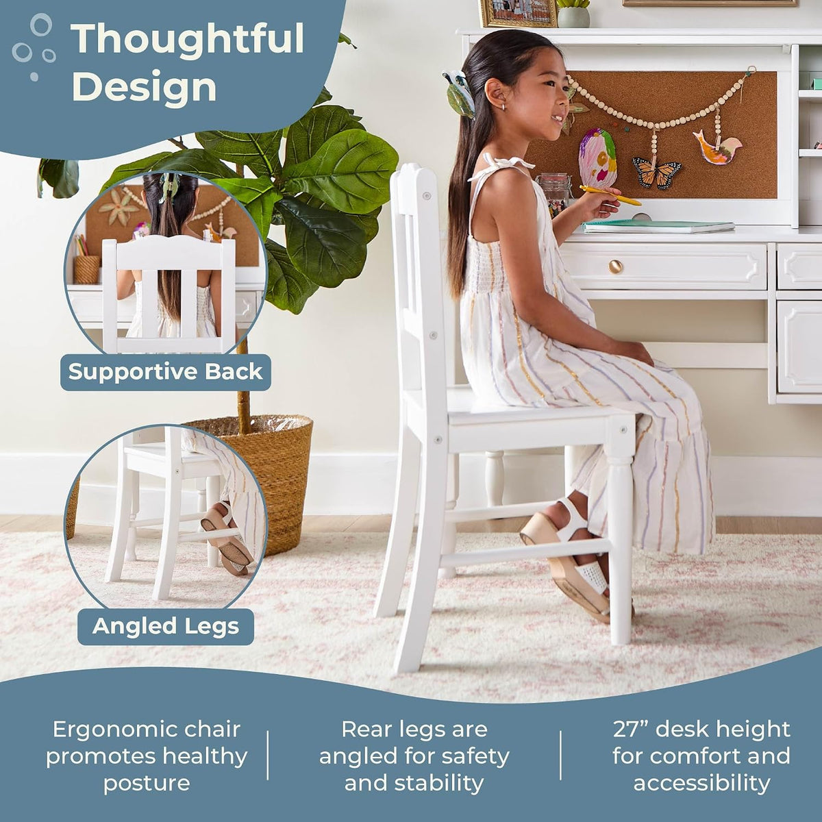 Guidecraft Avery Kids' Desk, Hutch and Chair Set - White: Children's Wooden Computer Desk with Storage Shelves and Drawers, Study Table and Chair for Girls