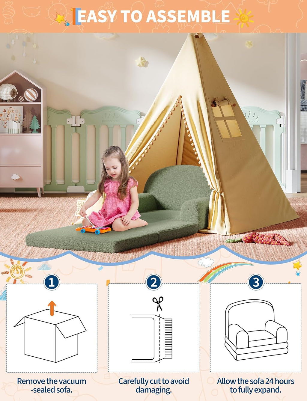 2-in-1 Convertible Kids Sofa Chair, Fold Out Toddler Couch for Reading and Napping, High-Density Foam Sherpa Toddler Chair, Soft Lounger for Playroom and Nursery, Green