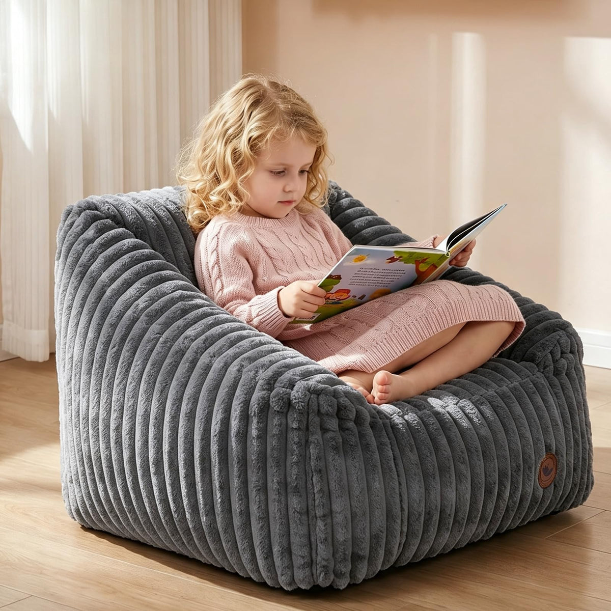 Small Kids Bean Bag Chair,Memory Foam Filled Bean Bags with Beige Stripe Plush Bean Bag Sofa Removable&Washable Cover for Reading Gaming Bedroom Living Room Playroom