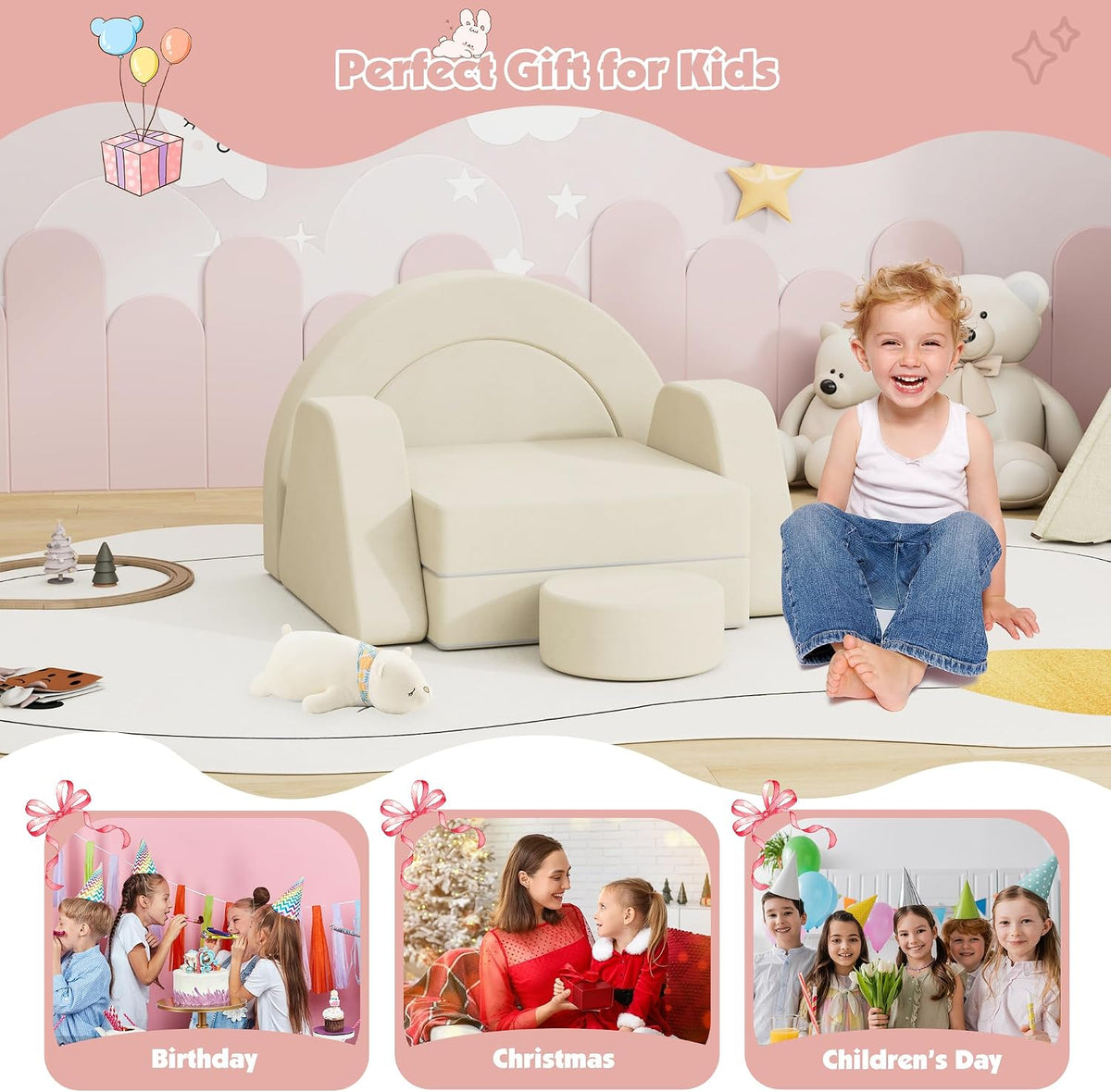HedoAjim 7 PCS Modular Kids Play Block Sofa Child Couch Toddler Building Fortplay Bedroom Playroom Baby Convertible Floor Foam Cushion for Boys & Girls(Beige-Single)