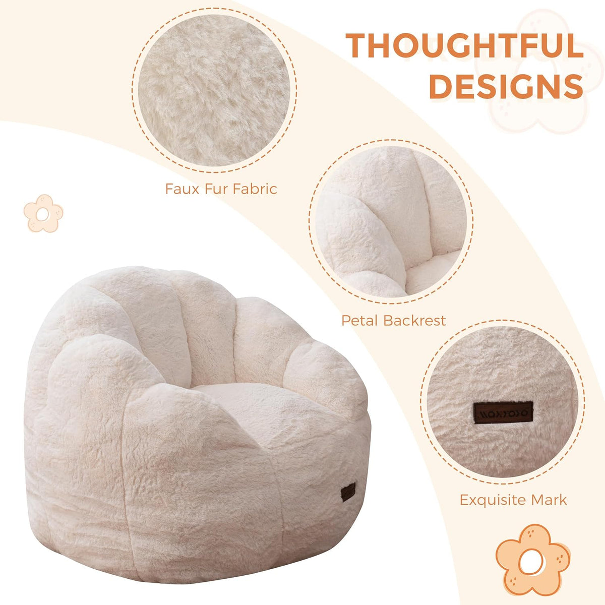 MAXYOYO Kids Bean Bag Chair, Floral Shaped Bean Bag Sofa, Beige