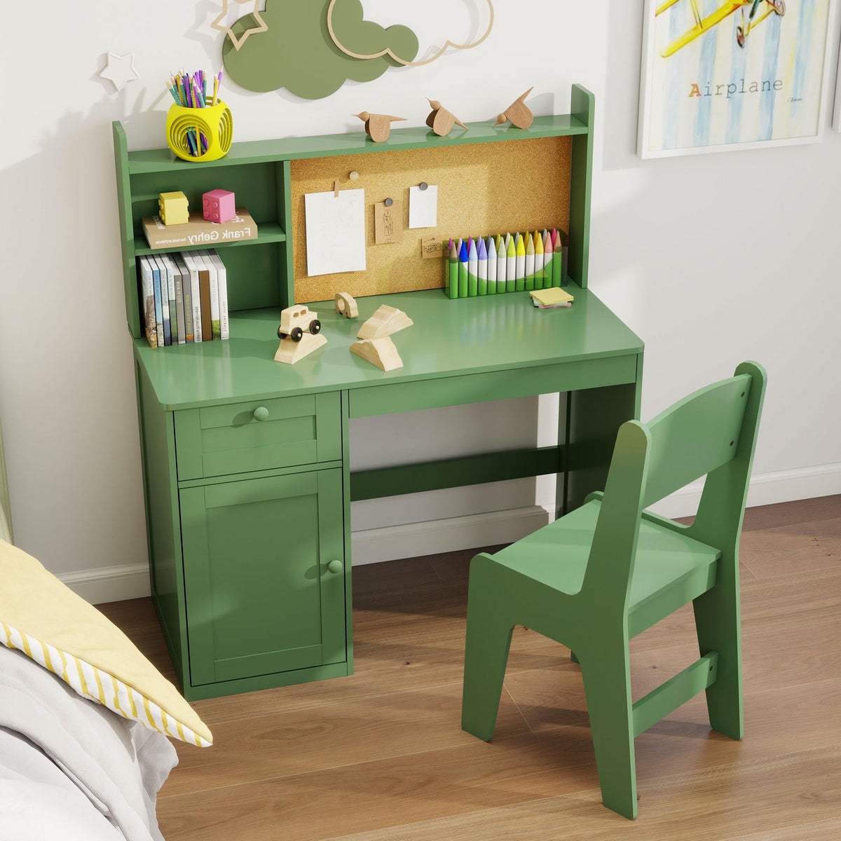 Kids Desk and Chair Set with 0-105° Tiltable Desktop for Ages 5-12, White