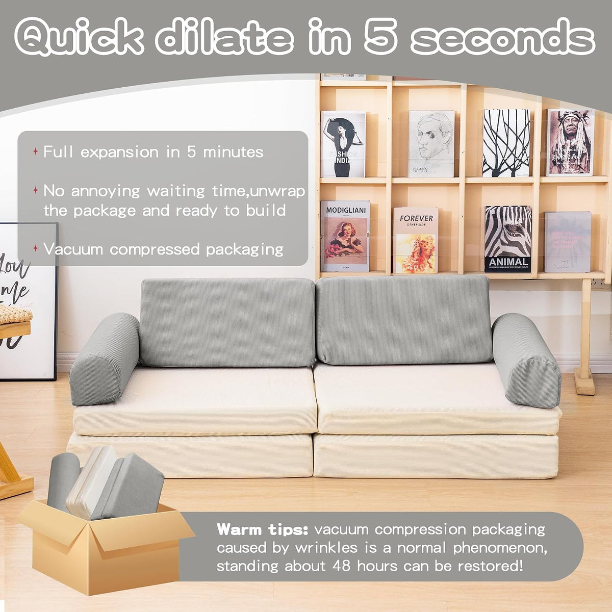 Modular Kids Play Couch, 5 Second Quick Bounce High Density Foam, Corduroy Fabric, Kids Sofa that Inspires Toddler Creativity for Playroom Bedroom Living Rooms Toddler Sofa -Grey and Beige
