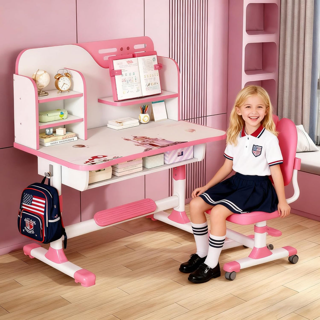 Kids Desk and Chair Set, Height Adjustable Astronaut Pattern Children School Desk with Shelf & Large Drawers, Kids Writing Study Table for Boys Girls 3+ (Pink A)