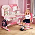 Kids Desk and Chair Set, Height Adjustable Astronaut Pattern Children School Desk with Shelf & Large Drawers, Kids Writing Study Table for Boys Girls 3+ (Pink A)