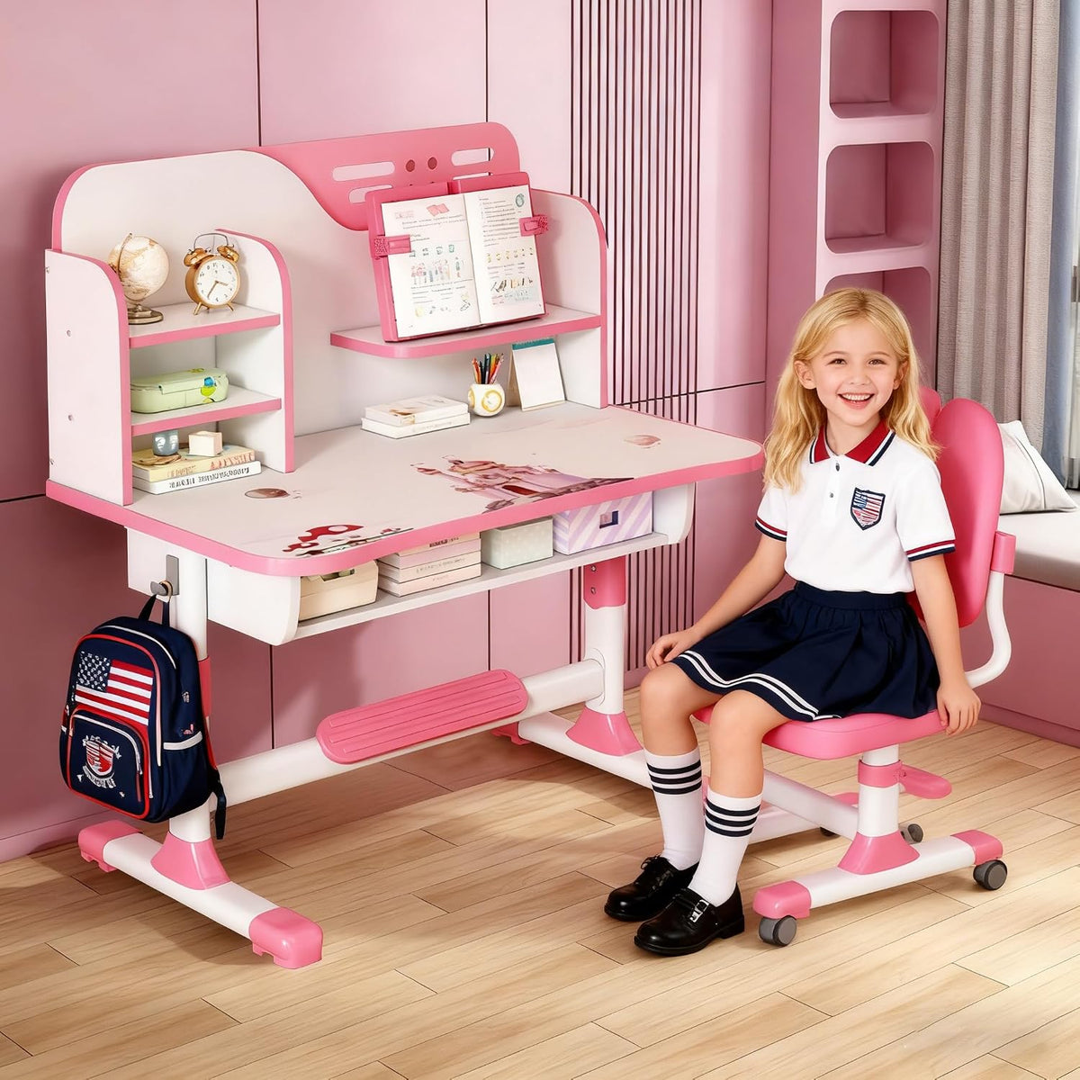 Kids Desk and Chair Set, Height Adjustable Astronaut Pattern Children School Desk with Shelf & Large Drawers, Kids Writing Study Table for Boys Girls 3+ (Pink A)
