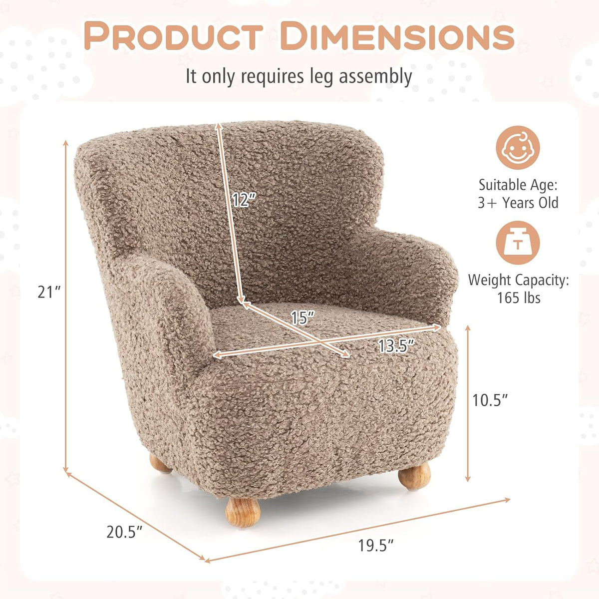 HONEY JOY Toddler Couch, Comfy Kids Chair w/Solid Wooden Frame & Sherpa Fabric, Upholstered Armchair Preschool Furniture, Baby Couch for Playroom, Kids Sofa for Girls Boys (Brown)